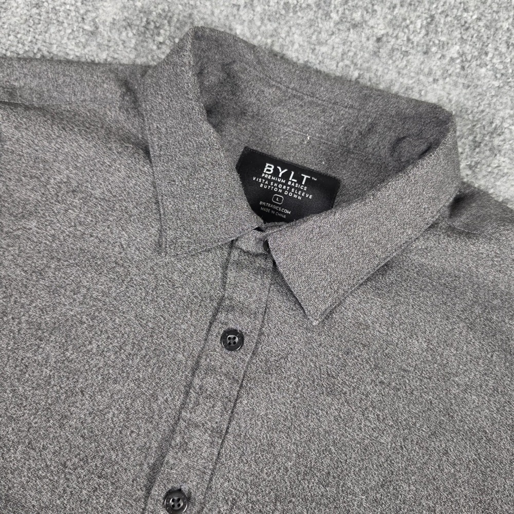BYLT Vista Button Down Shirt Mens L Grey Short Sleeve Premium Basics